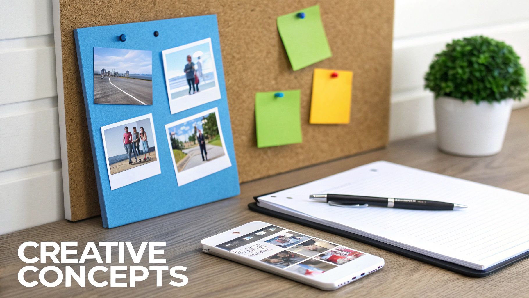 Start ChatGPT Ads Creative Concepts Start ChatGPT Ads creative concept board with photos, sticky notes, and phone previews