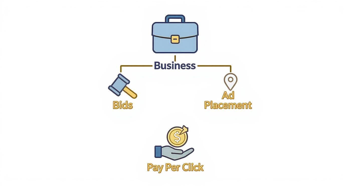 What Is Pay Per Click Marketing Diagram What Is Pay Per Click Marketing diagram showing business, bids, ad placement, and pay per click process