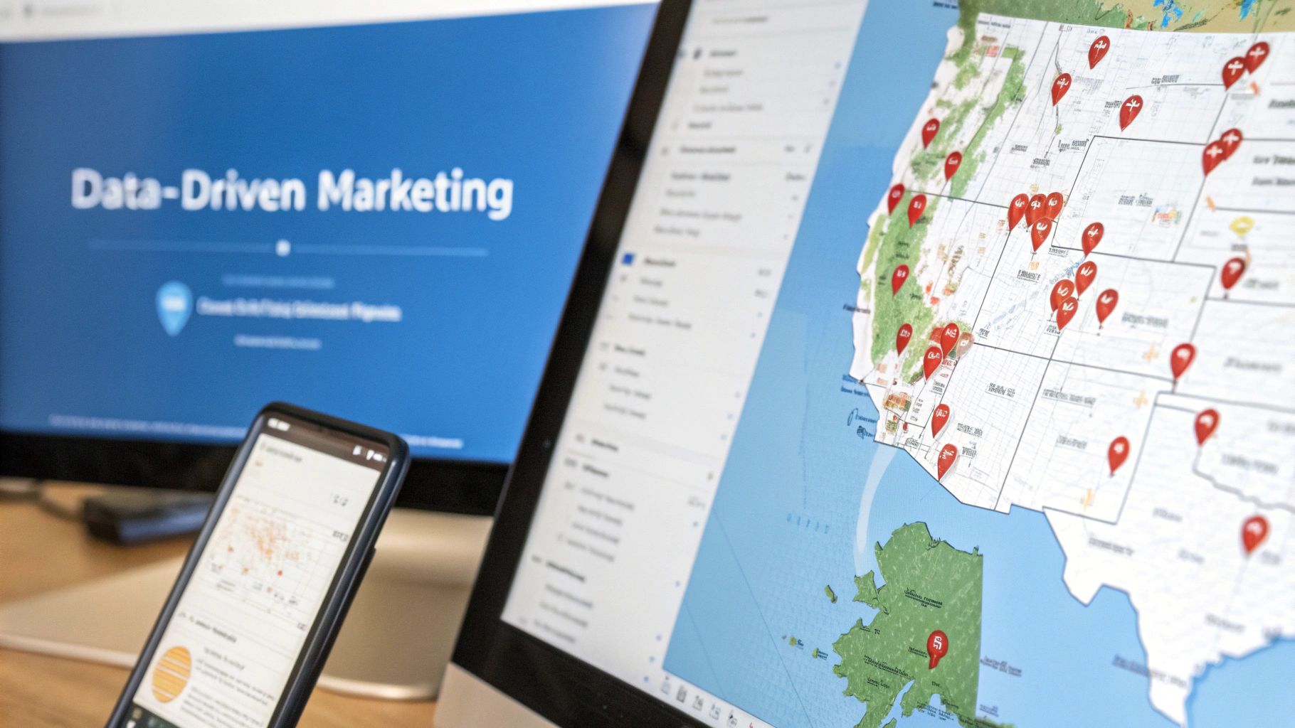 Multiple screens displaying data-driven marketing information, including a US map with location pins.