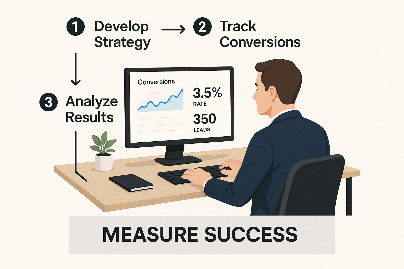Business professional reviewing Google Ads Conversion Tracking results on a desktop computer