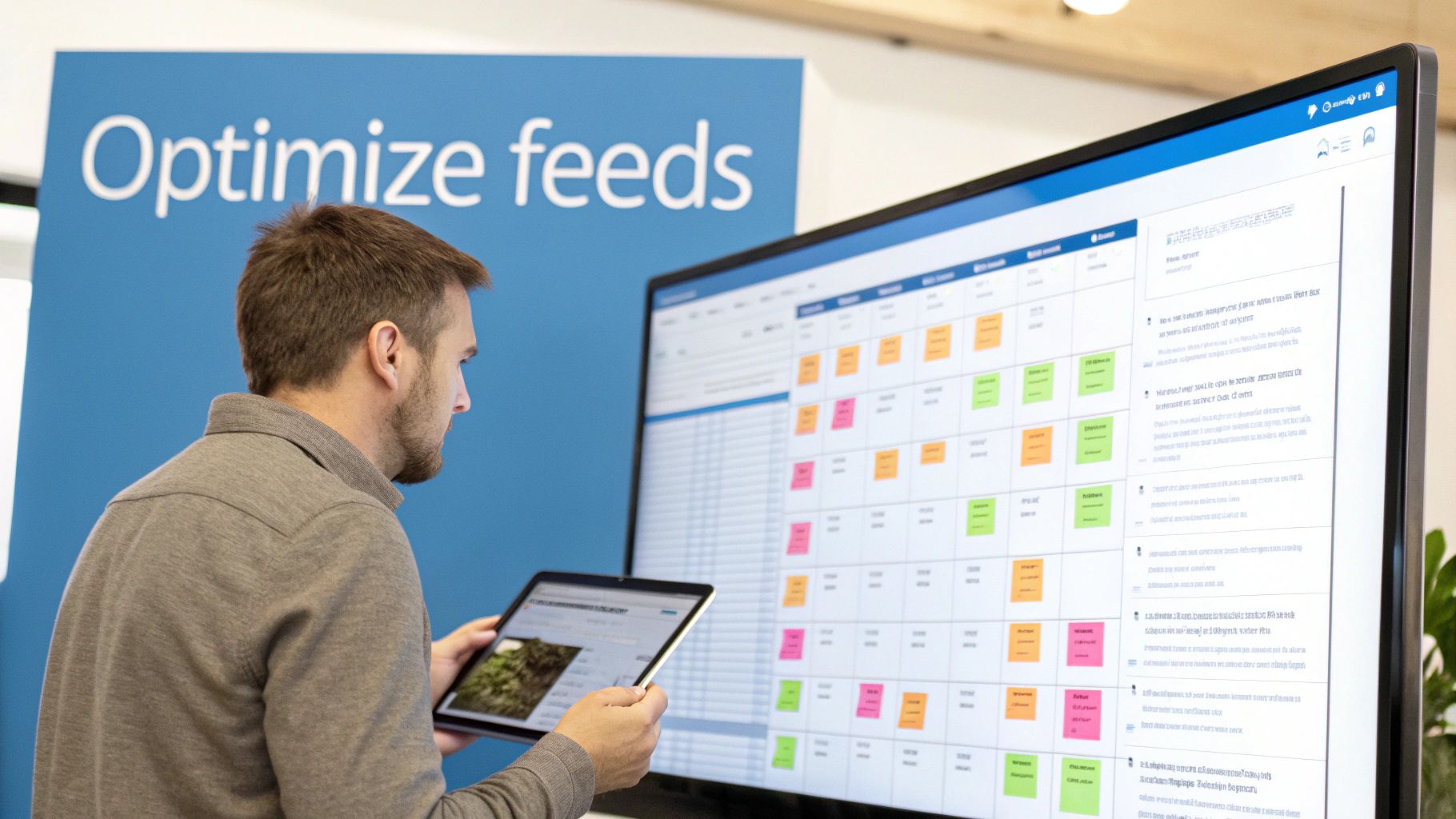 ChatGPT Ad Consultant Data and Feed Optimisation Marketer optimising digital feeds on a large screen with tablet assistance powered by a ChatGPT Ad Consultant