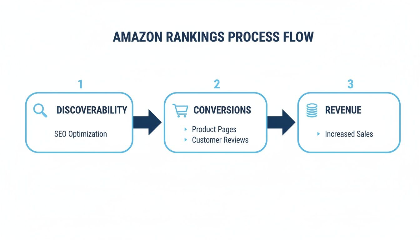 Amazon Search Optimisation rankings process explained Amazon Search Optimisation ranking process showing discoverability, conversions, and revenue growth