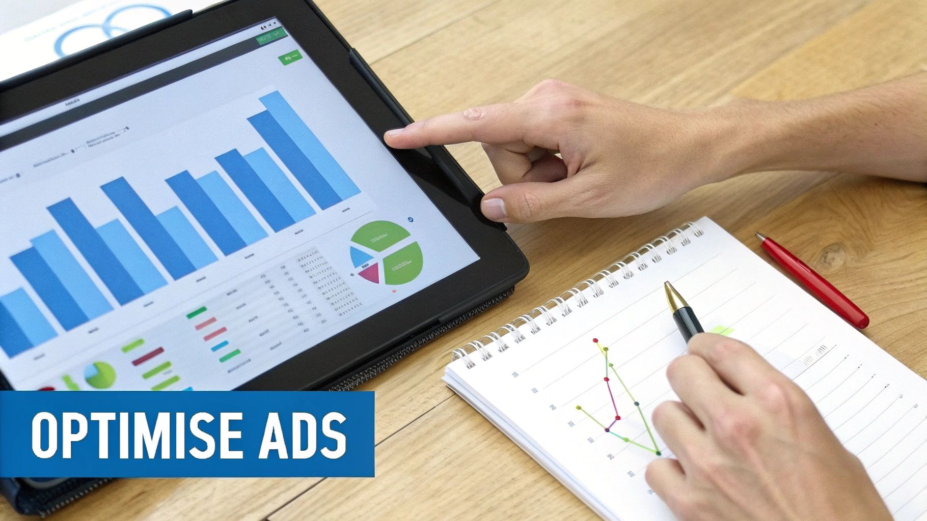 Person optimizes ads by analyzing performance data on a tablet and notebook with graphs.