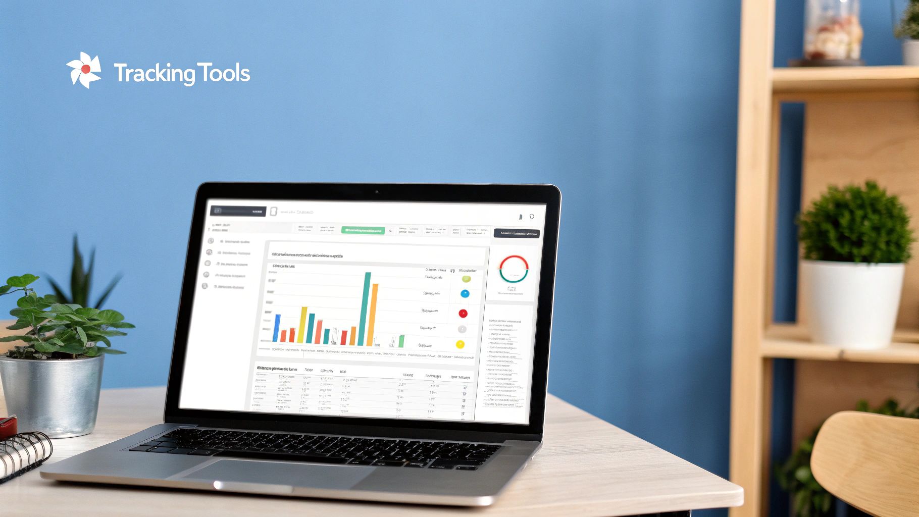 A laptop displaying a "Tracking Tools" dashboard with various charts and data, used for monitoring and analyzing metrics related to Cost Per Lead Calculation.