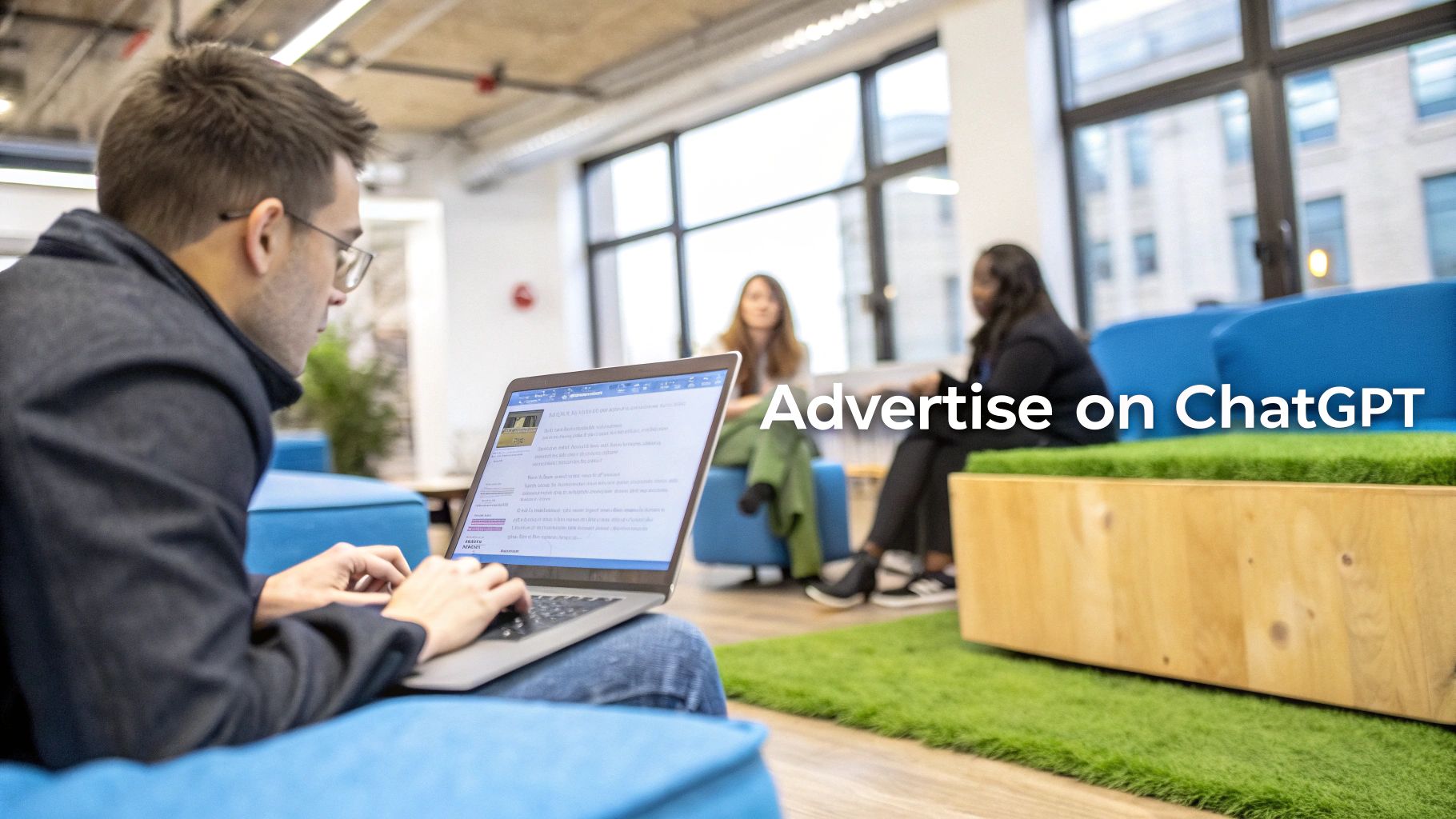 How to Advertise on ChatGPT Office Workspace How to Advertise on ChatGPT office workspace with marketer using laptop