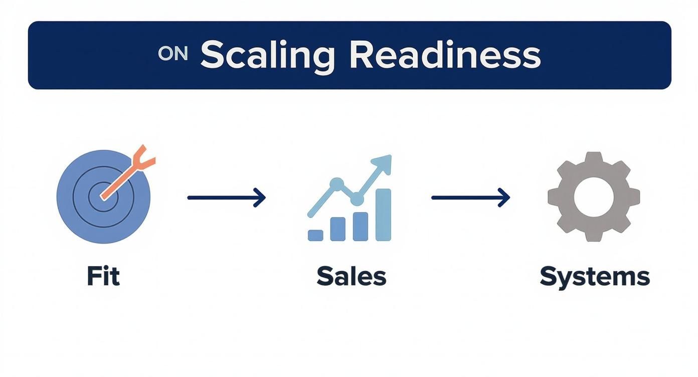 How to Scale a Business for Sustainable Growth – Scaling Readiness Process Visual guide showing the scaling process with fit, sales, and systems, illustrating How to Scale a Business for Sustainable Growth