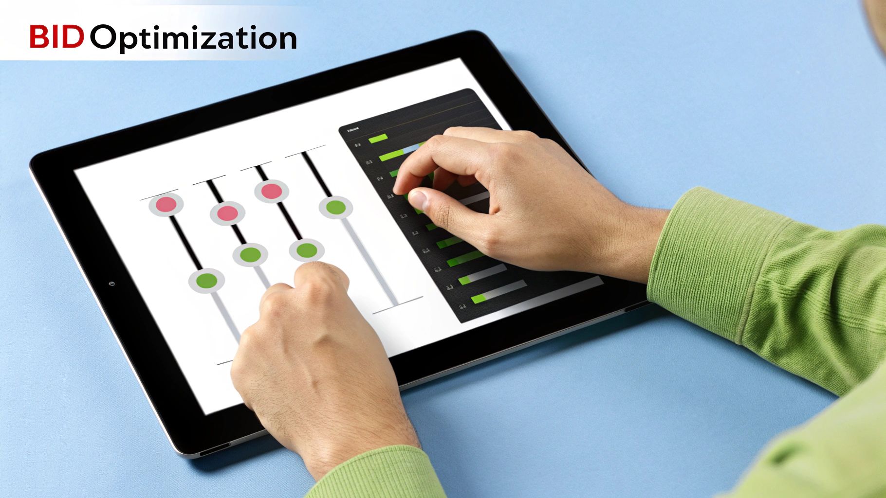 Bid optimisation interface for CPC Google Ads on a digital tablet