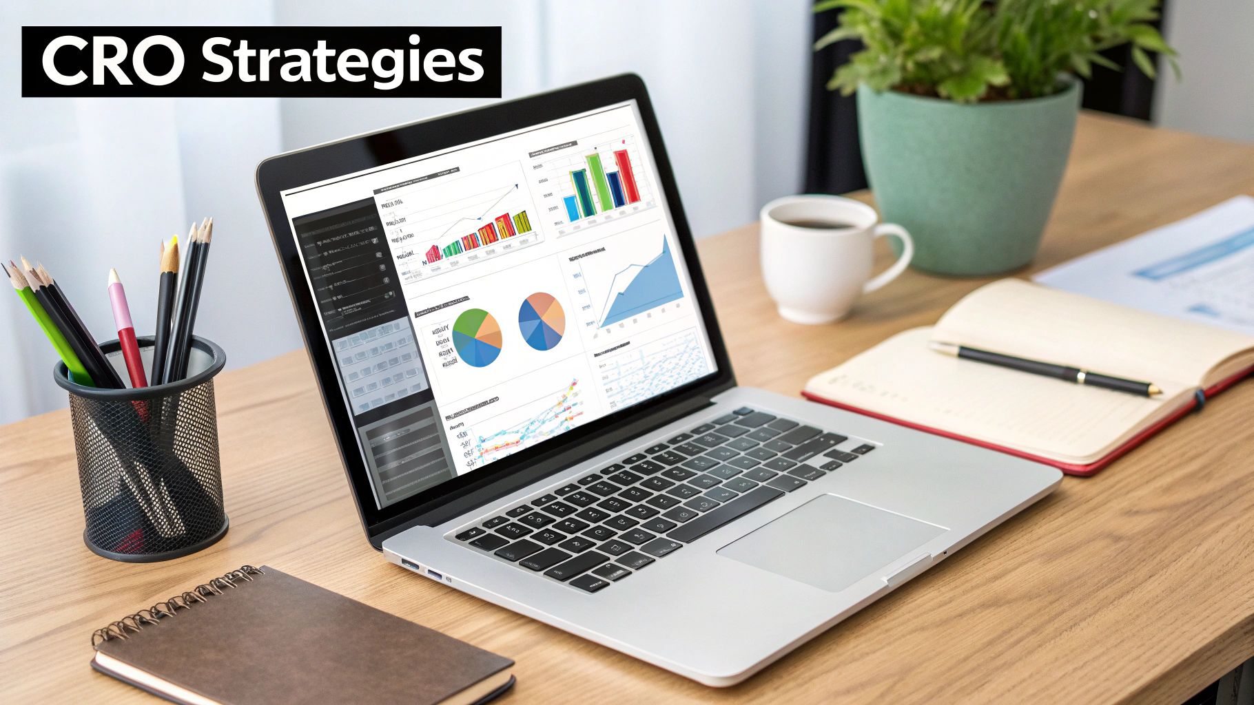 Laptop screen showing analytics charts used to develop CRO strategies and identify What Is a Good Conversion Rate.