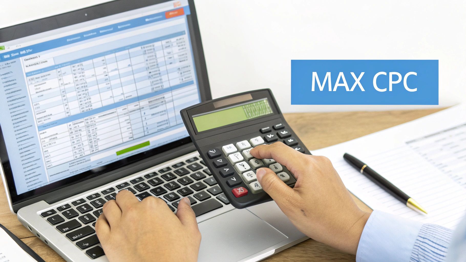 What is a good cost per click when setting max CPC bids What is a good cost per click demonstrated through max CPC calculation using Google Ads data on a laptop