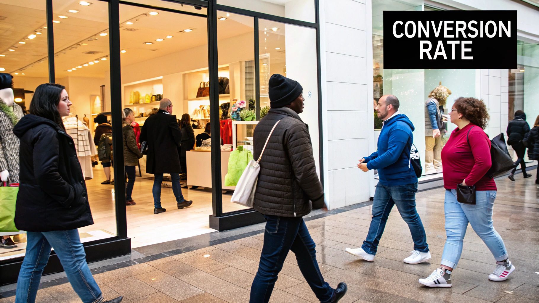 People walking past a shop representing online traffic and What Is a Good Conversion Rate in retail.