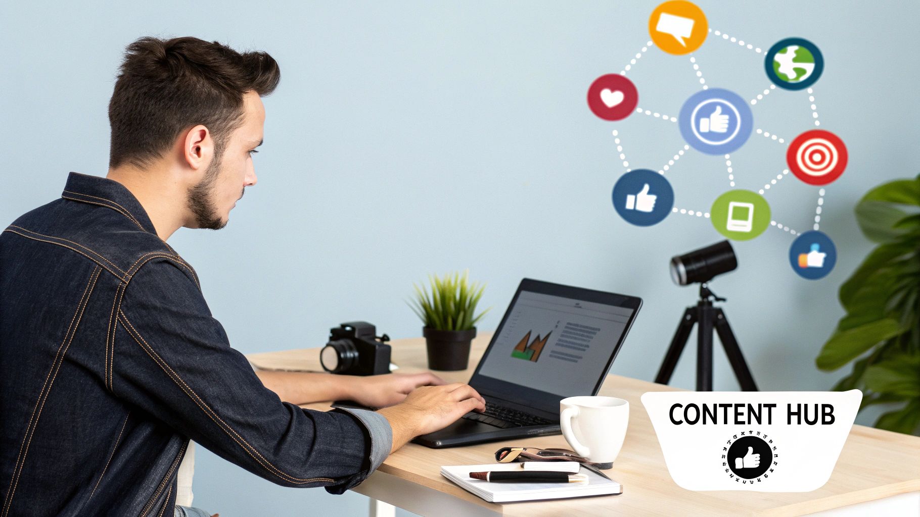 Marketer working on laptop creating a content hub to support Multi Channel Marketing Strategies