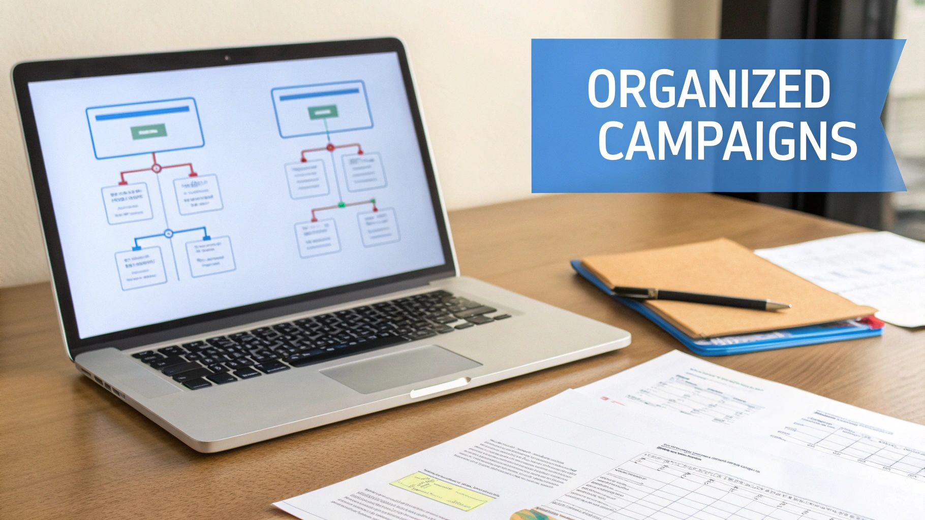 D2C PPC Advertising Organized Campaigns D2C PPC Advertising organized campaigns displayed on a laptop with flowcharts