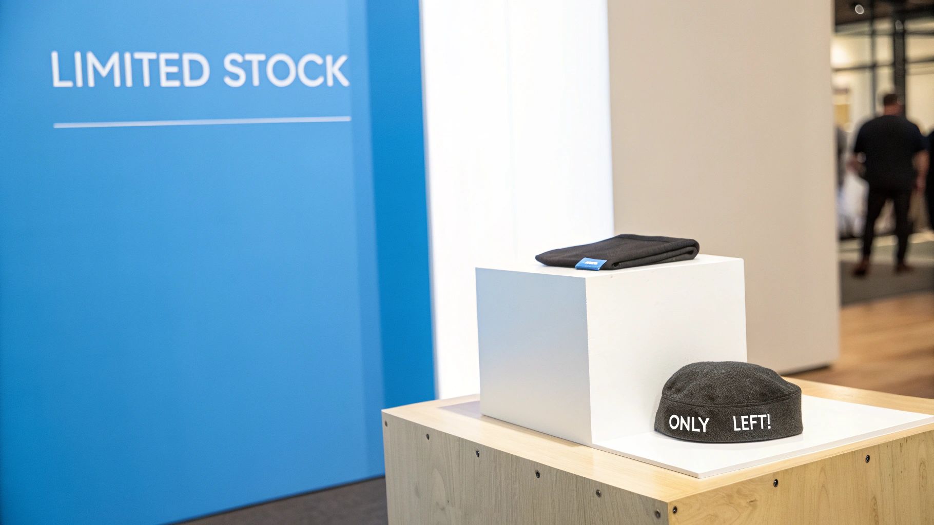 Limited stock retail display with folded clothing items and only one left sign on white pedestal