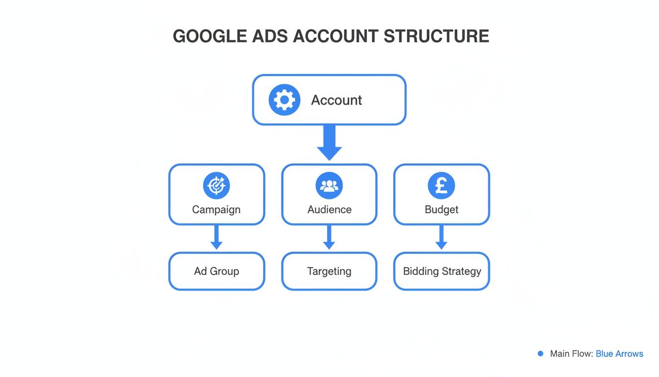 How Do I Advertise With Google by understanding Google Ads account structure, campaigns, ad groups, audiences, budgets and bidding