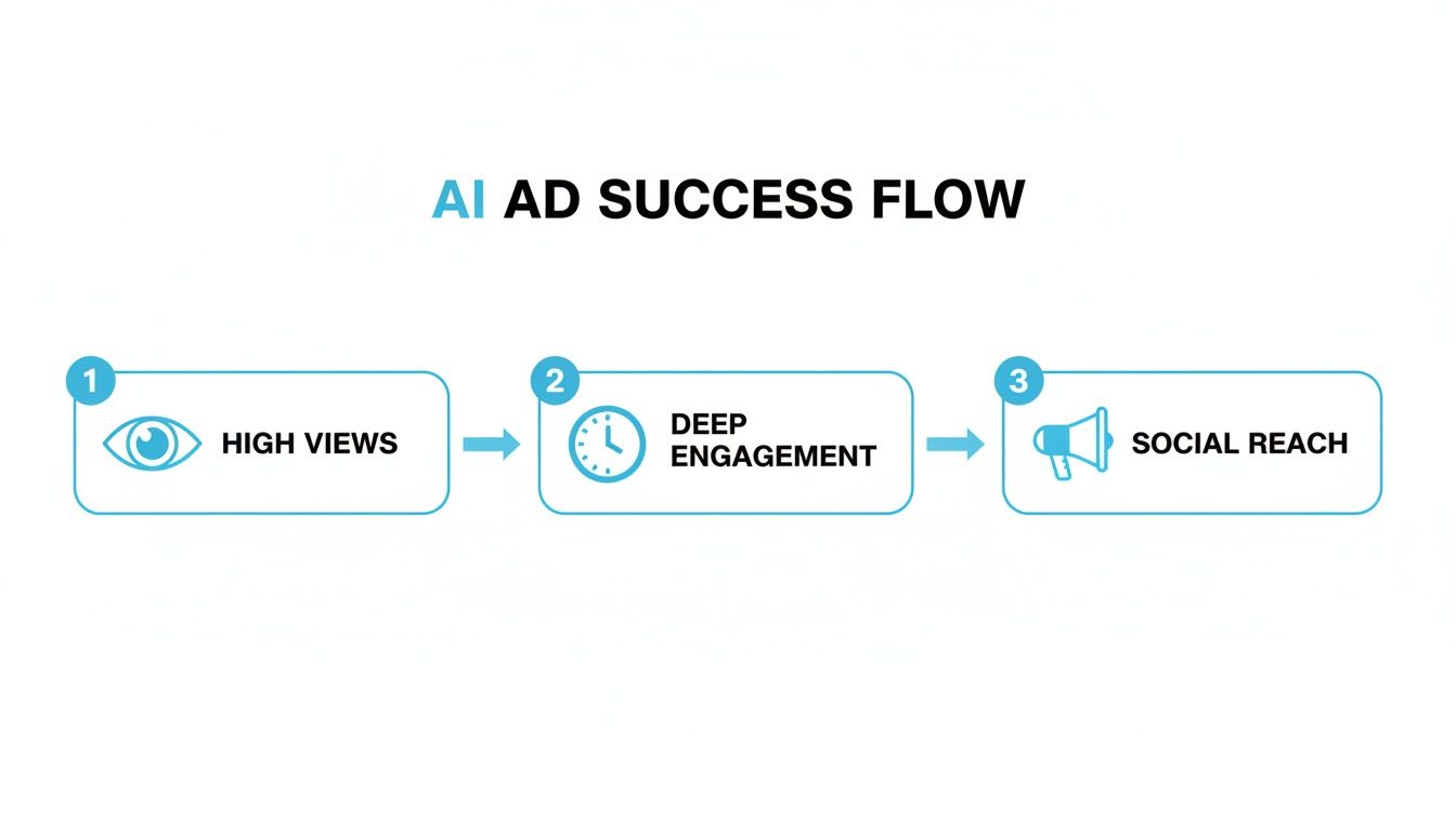 AI Native Ads Performance and Engagement Flow AI Native Ads success flow showing high views, deep engagement, and increased social reach