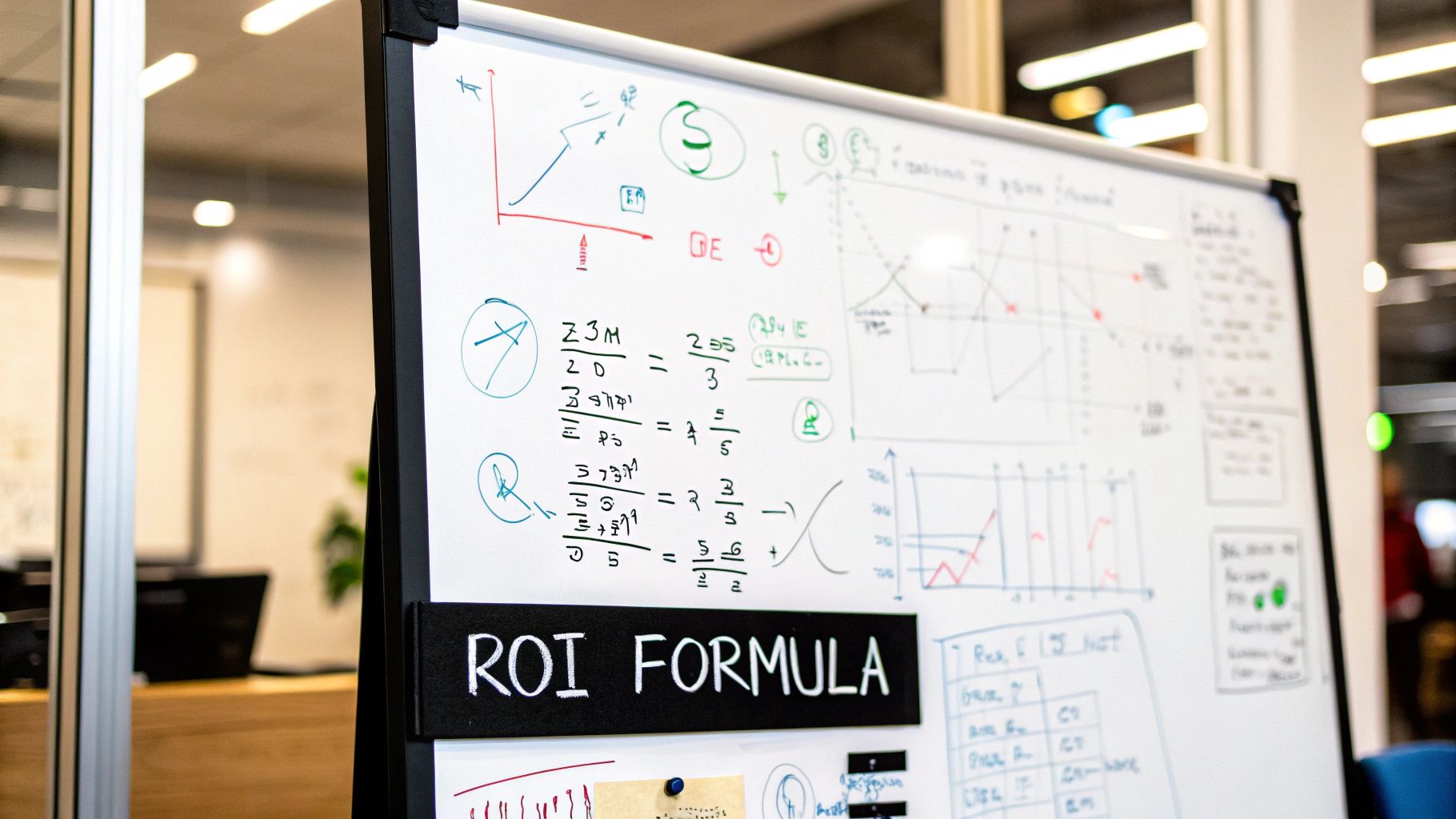How to Calculate Return on Investment – ROI Formula Explained How to Calculate Return on Investment with ROI formula and charts on whiteboard