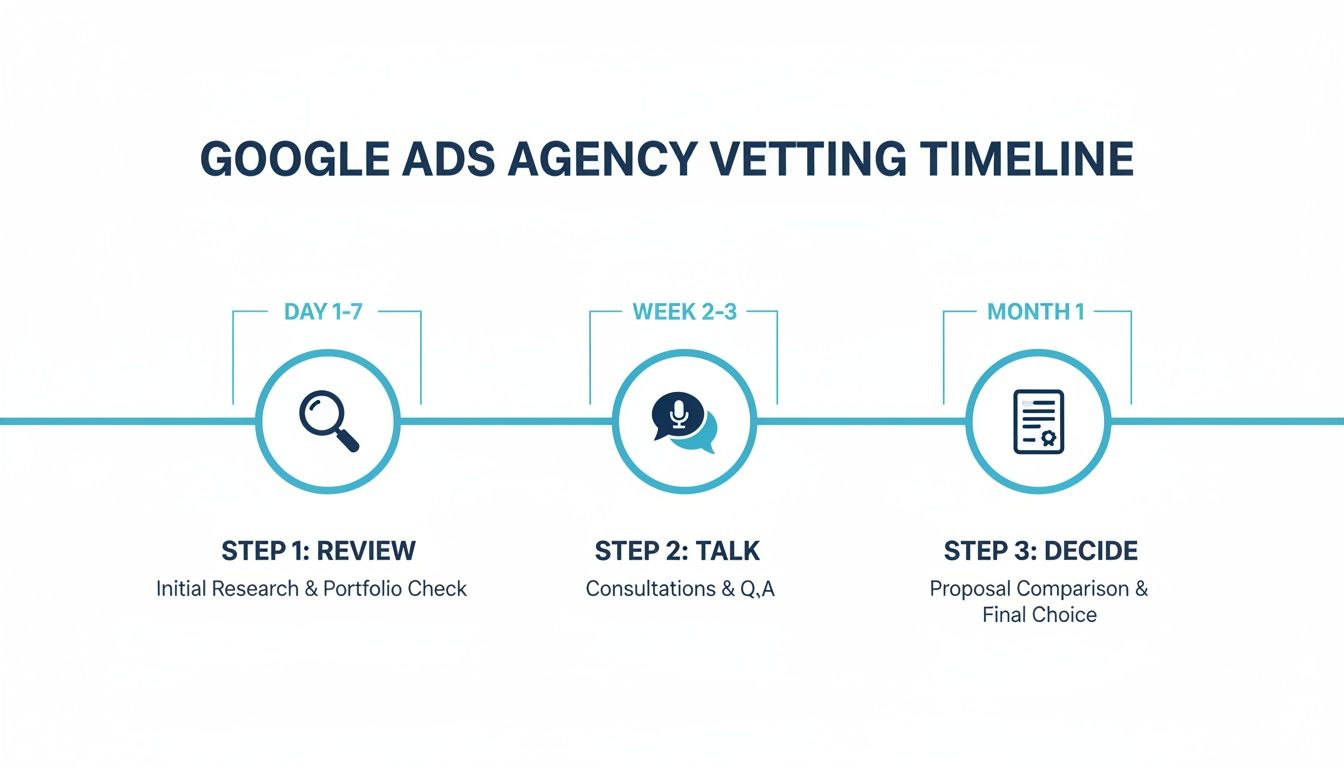 Google Ads Agency UK vetting timeline for choosing the right partner Google Ads Agency UK vetting timeline showing review, consultation and decision stages