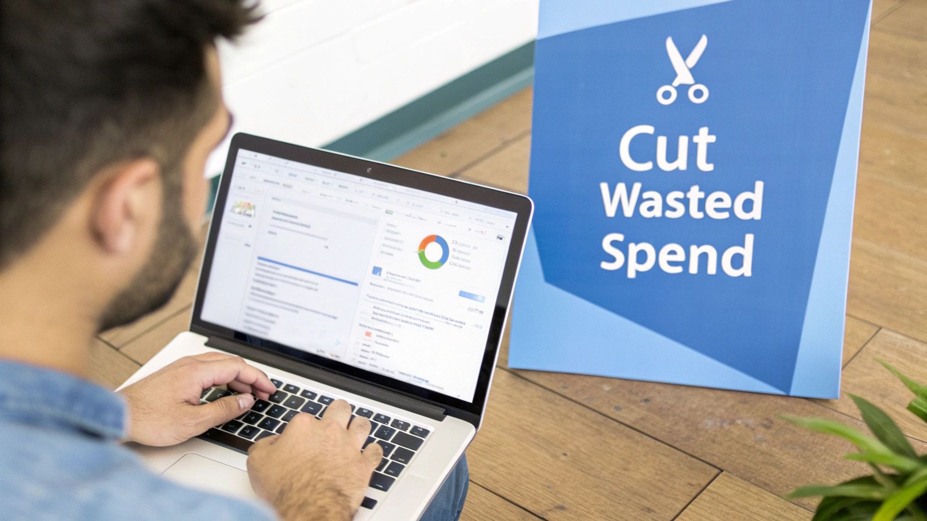 Person working on a laptop with data visualizations, next to a blue 'Cut Wasted Spend' sign.