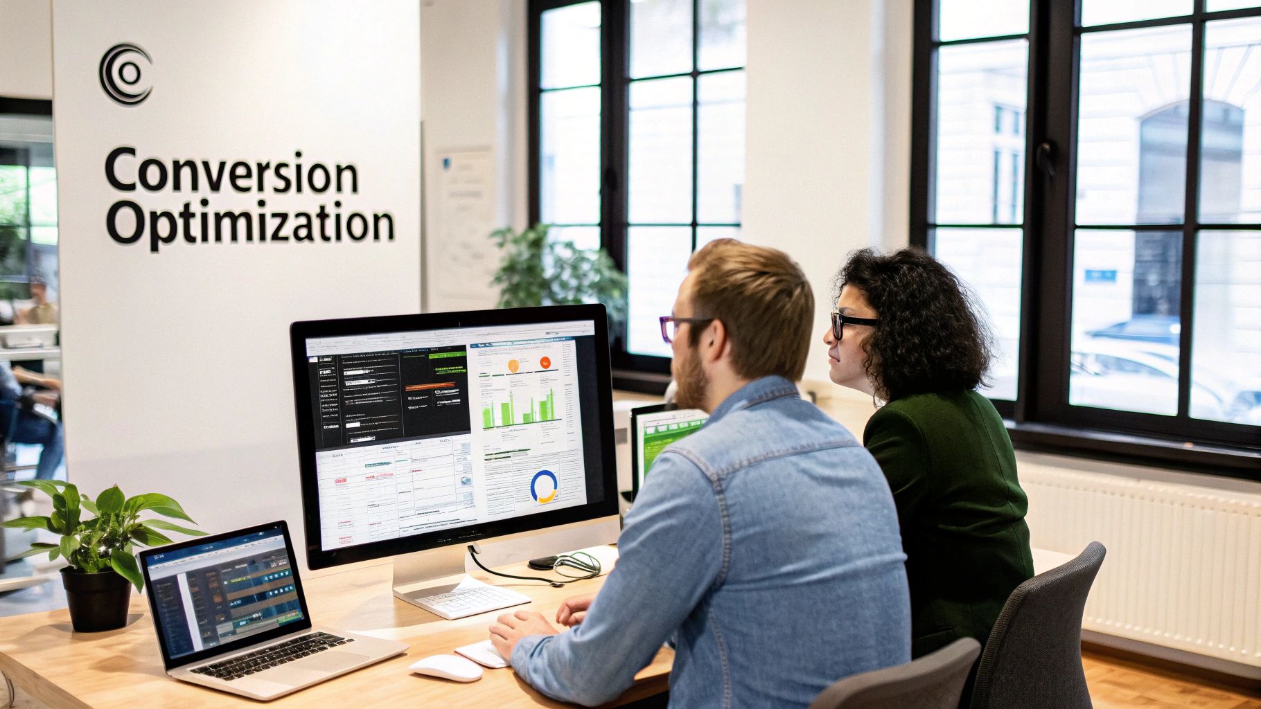 Team analysing data on computer screens as part of Conversion Optimisation Services