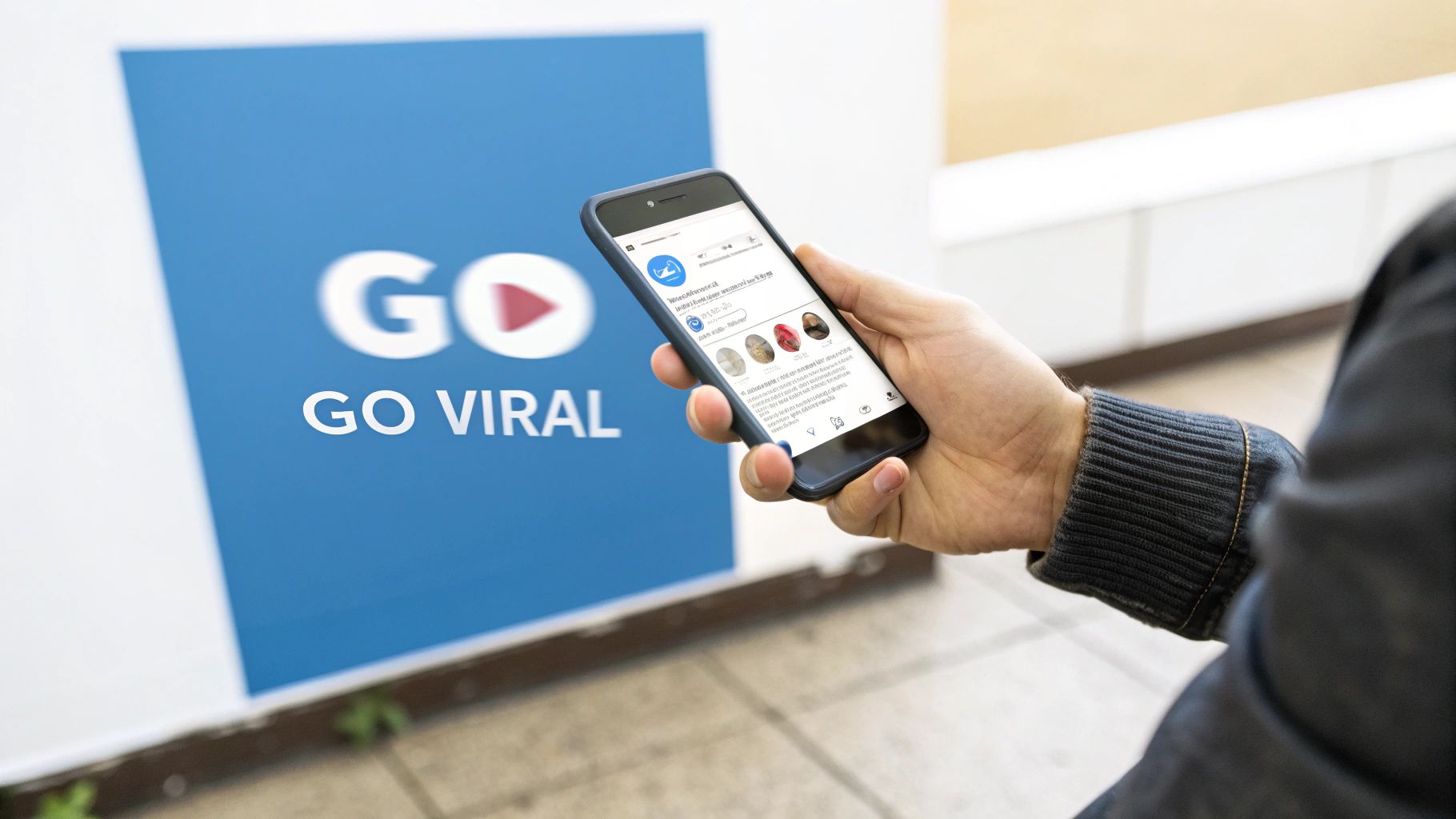 A hand holds a smartphone displaying a social media feed, with a 'GO VIRAL' sign in the background.