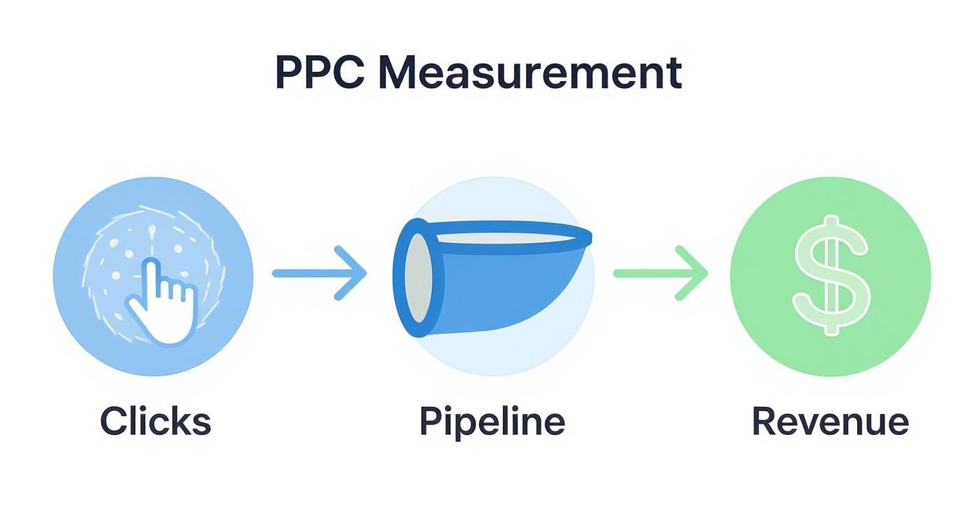 B2B PPC Measurement Framework B2B PPC measurement workflow showing clicks leading to pipeline and revenue