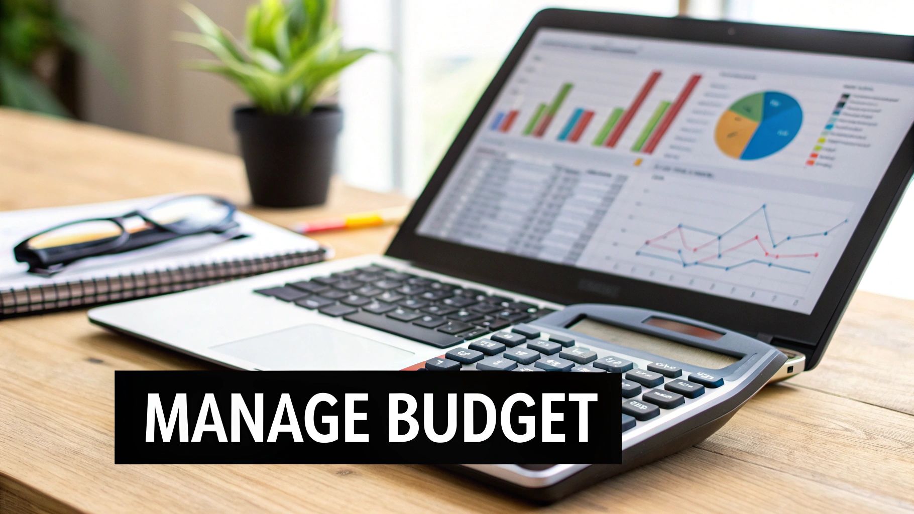 Laptop displaying analytics and a calculator used for managing advertising spend in PPC Management for Small Business.