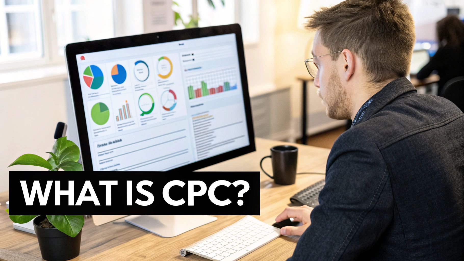 Professional analysing CPC Google Ads dashboard on desktop monitor