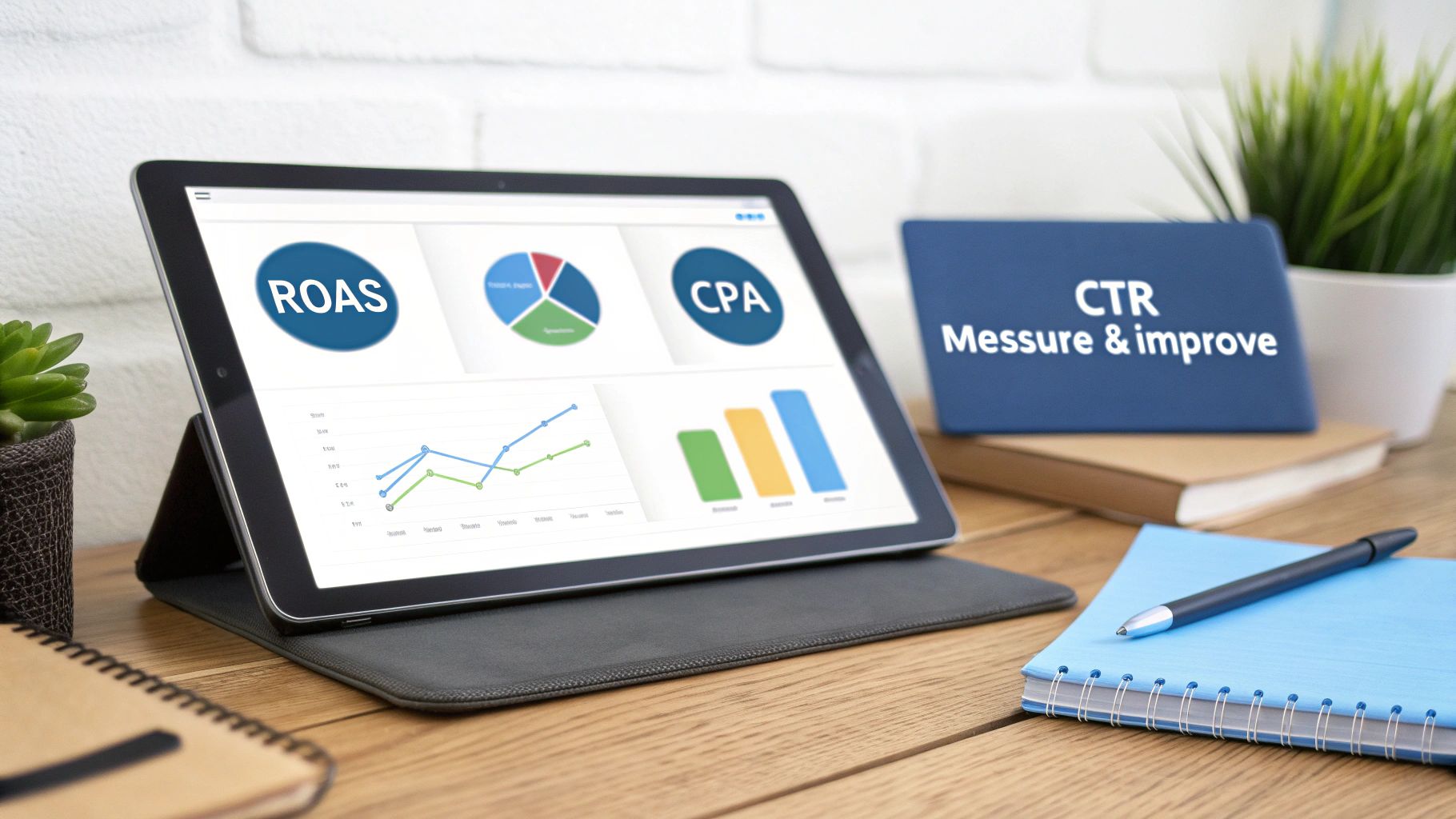 Targeting in Advertising Performance Metrics and ROI Targeting in Advertising dashboard displaying ROAS, CPA and CTR metrics for campaign performance analysis