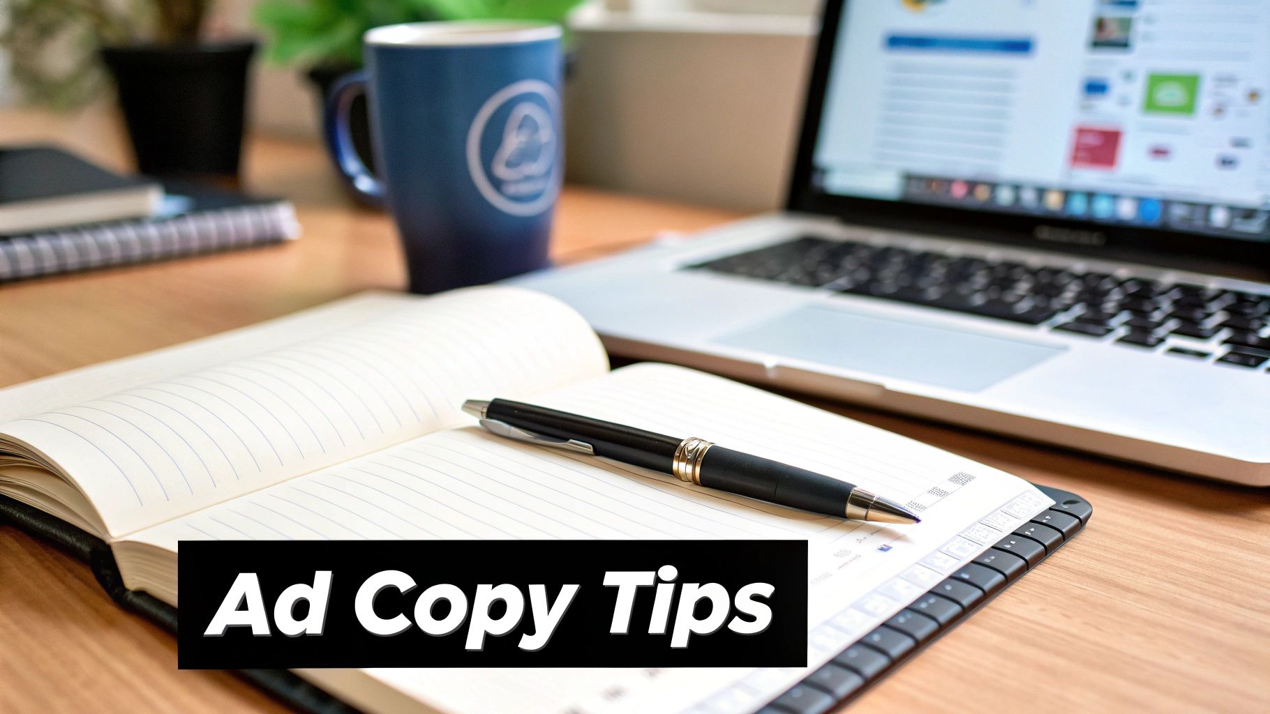 Open notebook with a pen, laptop in background with 'Ad Copy Tips' label