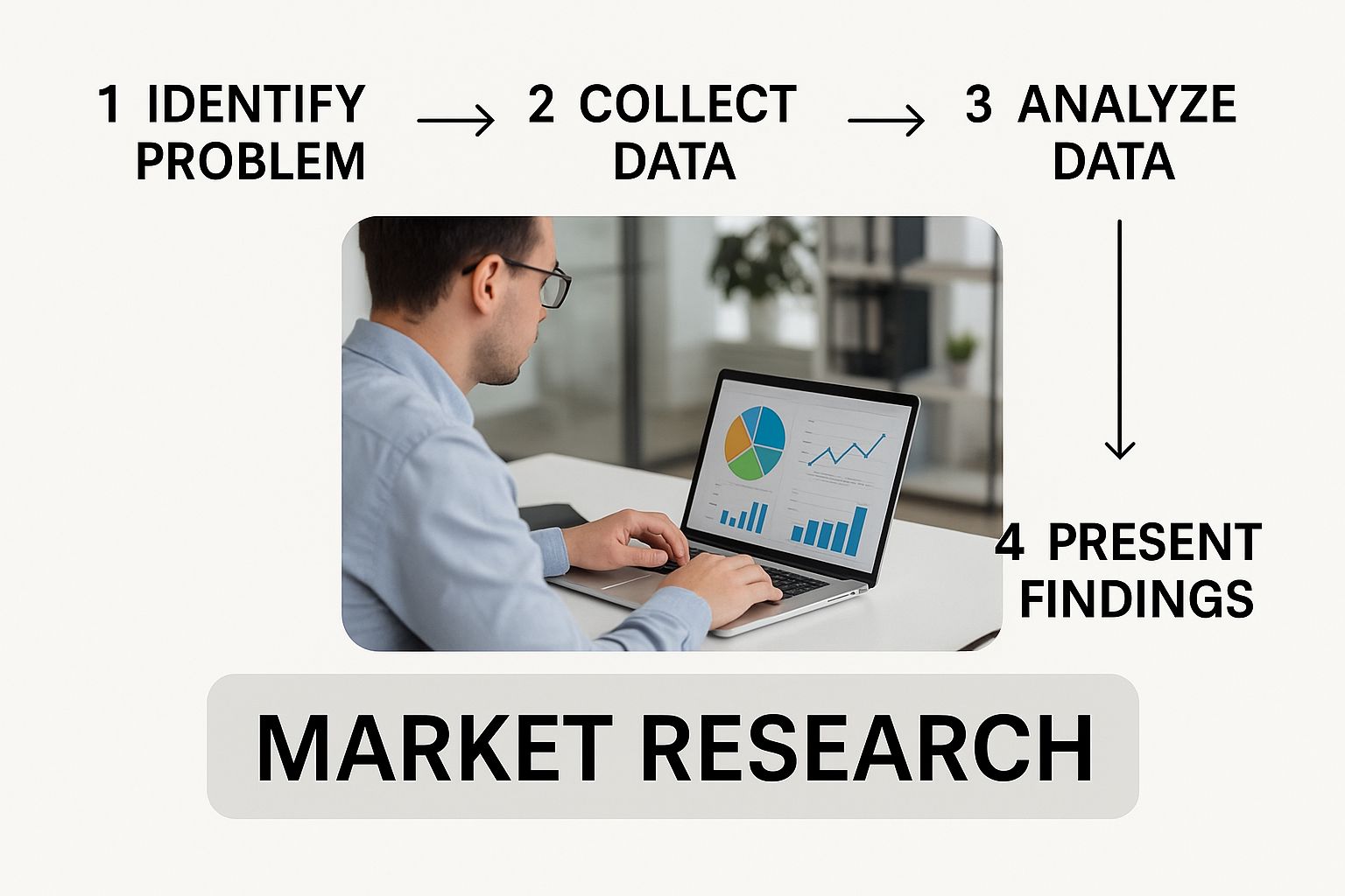 An infographic flowchart of the market research process, showing a man analysing data on a laptop, with text steps: 'Identify Problem', 'Collect Data', 'Analyze Data', and 'Present Findings'.