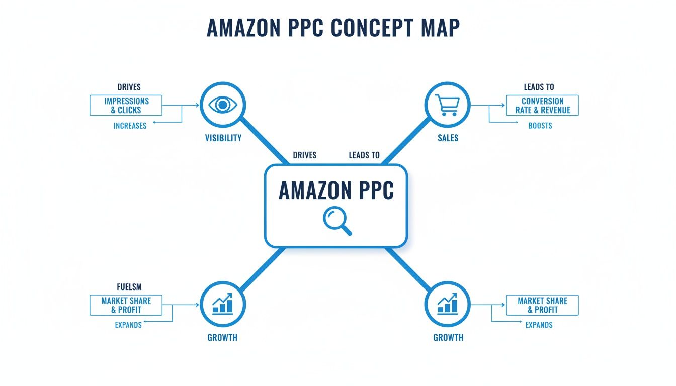 How PPC in Amazon Drives Visibility, Sales and Growth Concept map showing how PPC in Amazon drives visibility, clicks, sales, growth and increased revenue