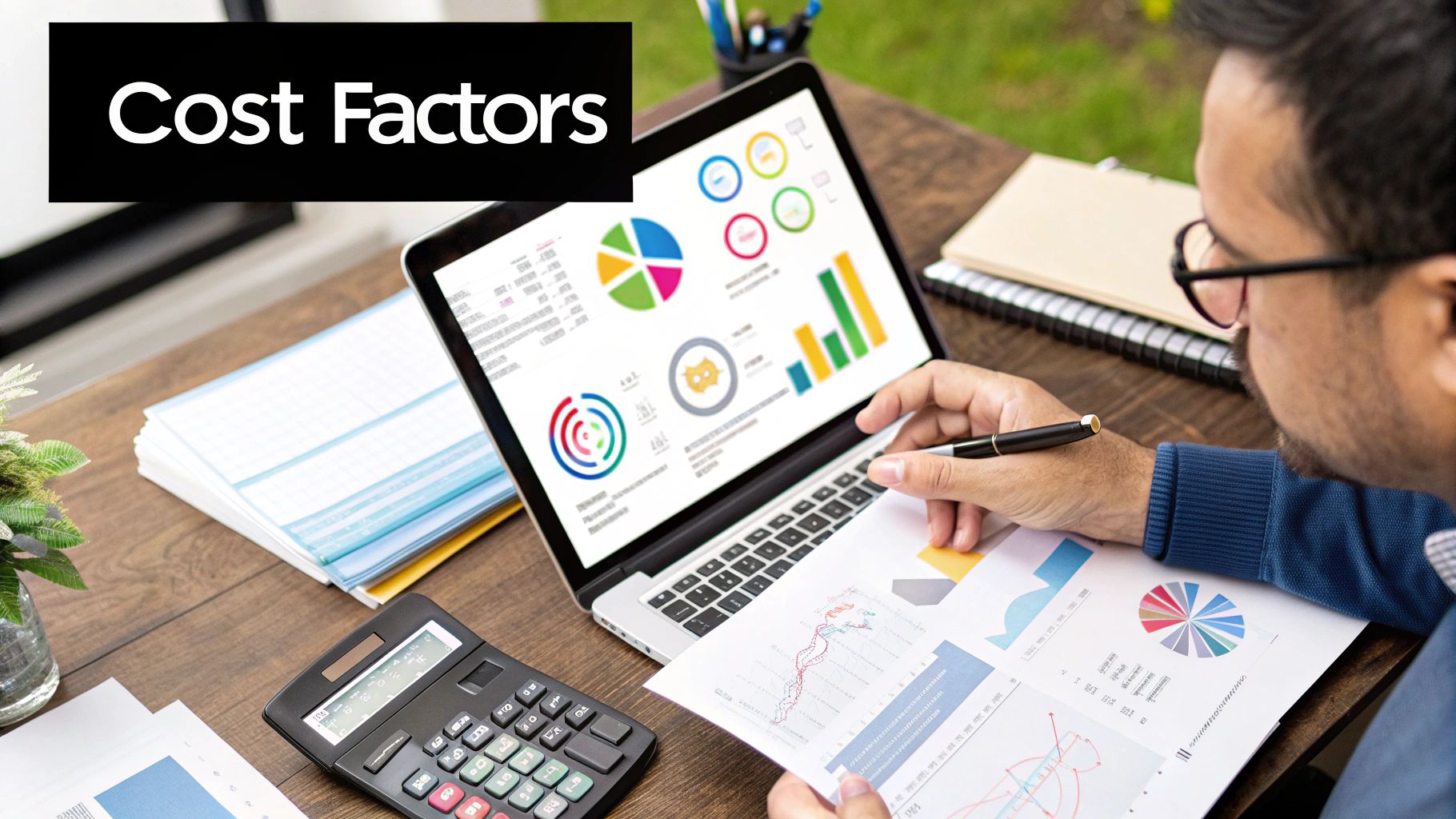 Man analysing data and graphs related to UK Small Business Advertising Costs on a laptop