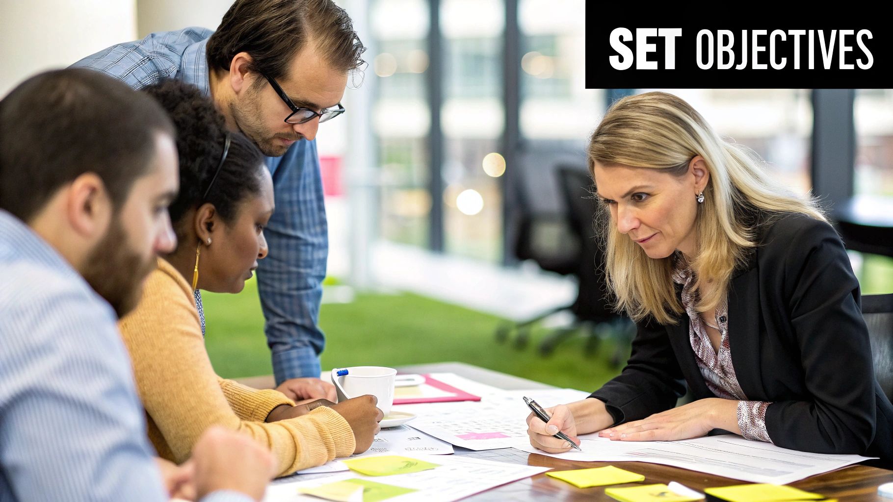 A diverse team of four professionals collaborating at a desk, reviewing documents and writing notes, with "SET OBJECTIVES" visible in the top right corner. They are actively engaged in planning to manage marketing campaigns effectively.