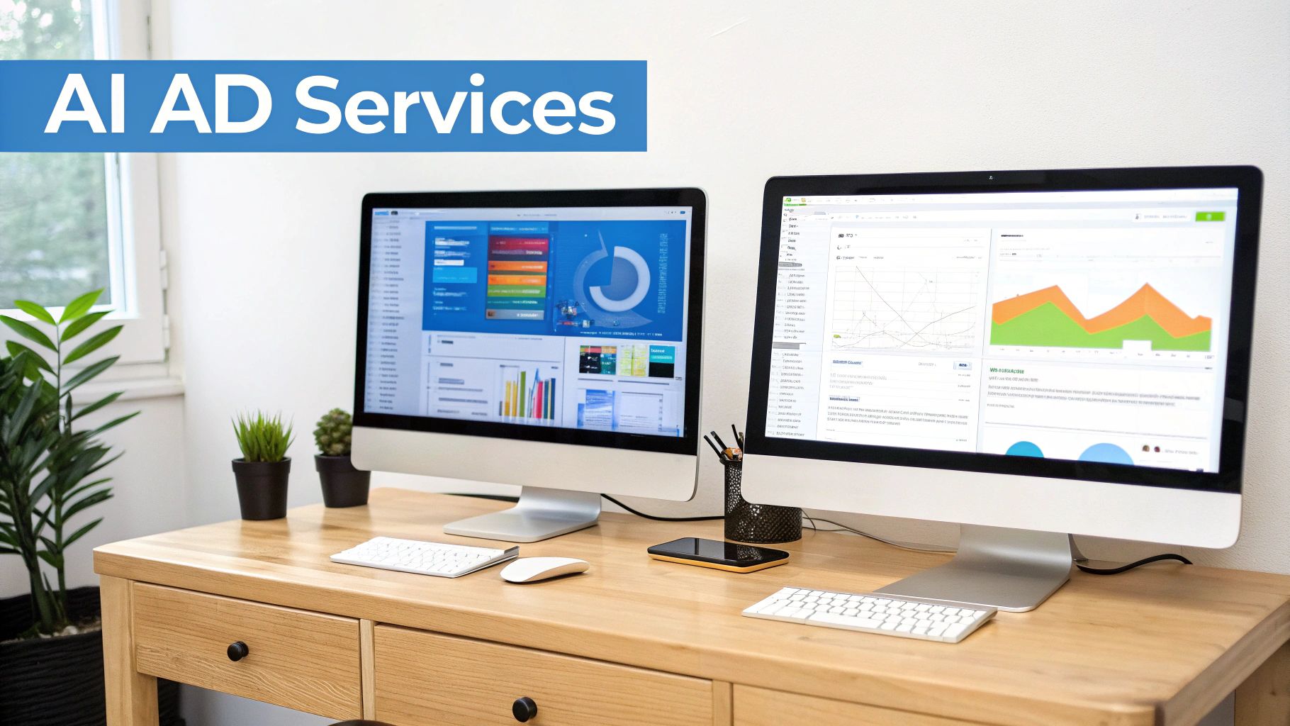 AI Advertising Agency Services AI Advertising Agency workstation displaying analytics dashboards and ad tools