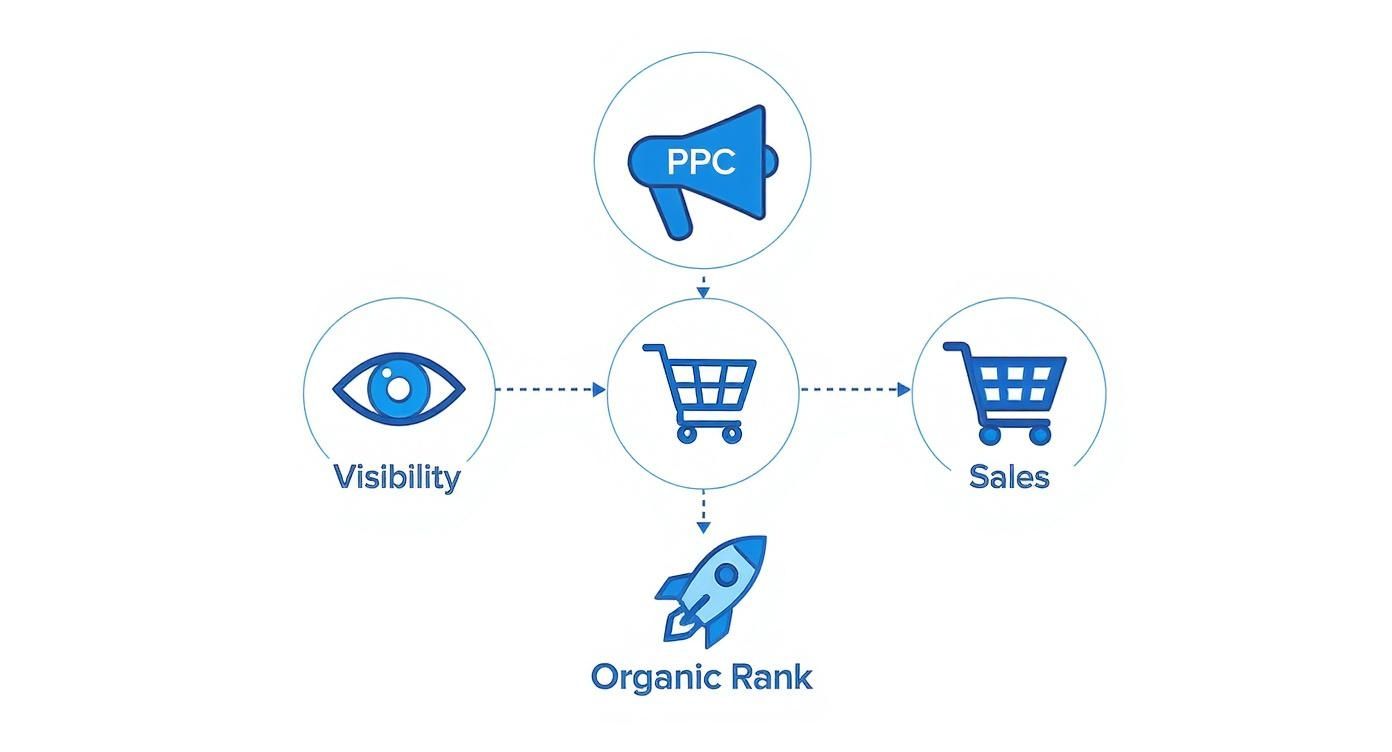 Amazon PPC Advertising Visibility and Sales Flow Amazon PPC Advertising diagram showing visibility, sales, and organic rank improving through PPC strategy