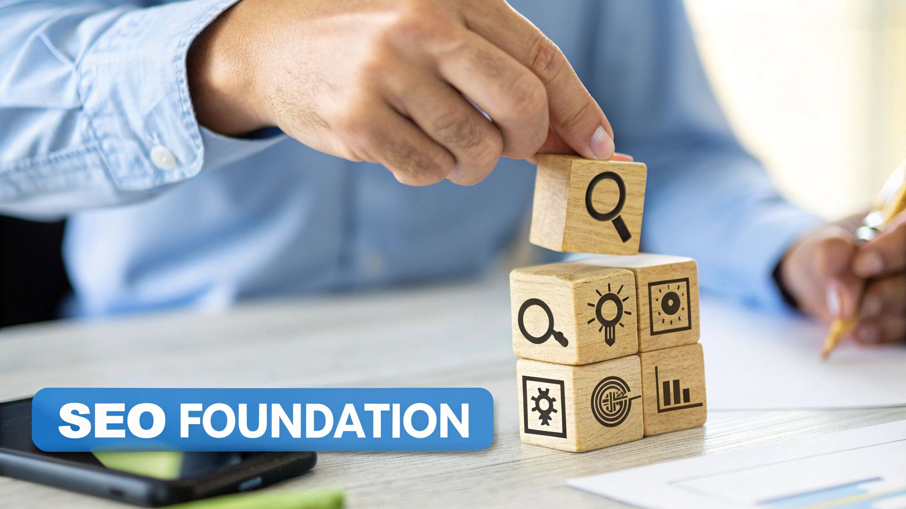 SEO PPC Services Built on a Strong SEO Foundation SEO PPC Services showing a strong SEO foundation built with strategy, research, and optimisation blocks