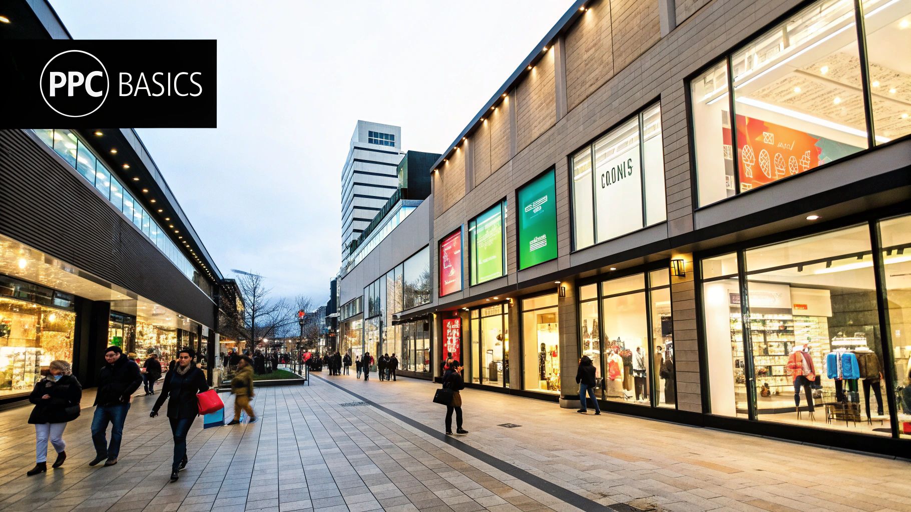 Shoppers walking through a modern retail street representing the fundamentals of PPC on Amazon campaigns.