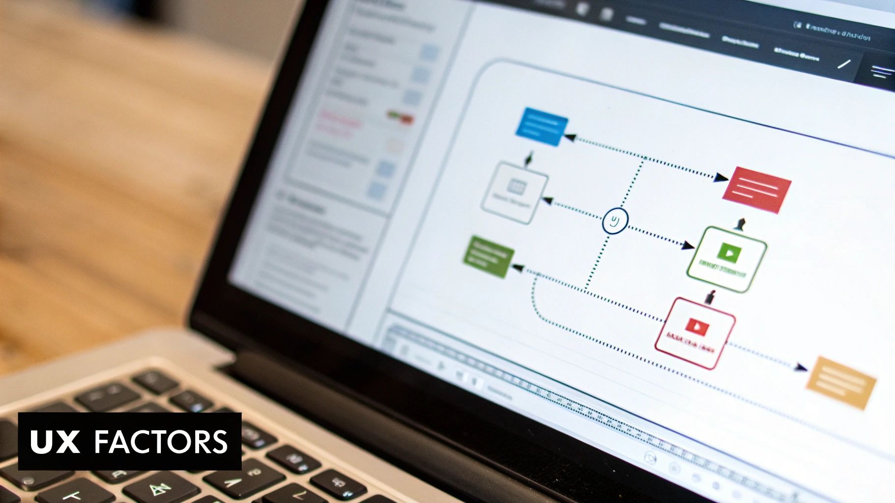 Laptop displaying a UX design flowchart illustrating factors that influence What Is a Good Conversion Rate.