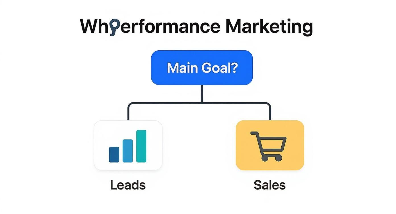 Performance Marketing Companies Goal Framework Goal flowchart showing leads and sales used by Performance Marketing Companies