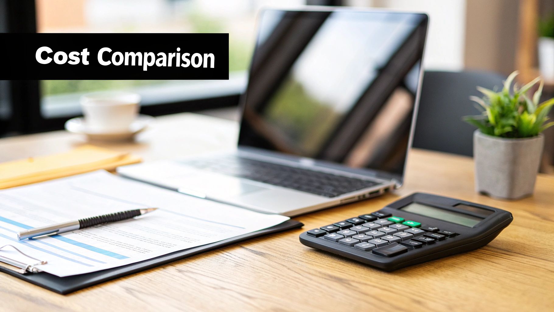 Desk setup showing cost comparison for In House vs Agency Marketing to improve Marketing ROI