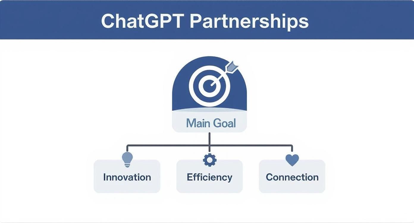ChatGPT Brand Partnerships main goal diagram showing innovation, efficiency, and connection