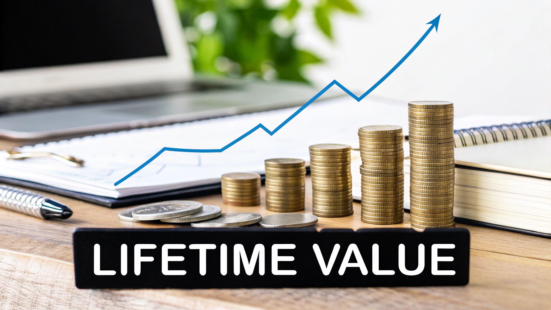 Stacks of coins and a rising chart symbolising customer lifetime value as a key performance indicator for digital marketing