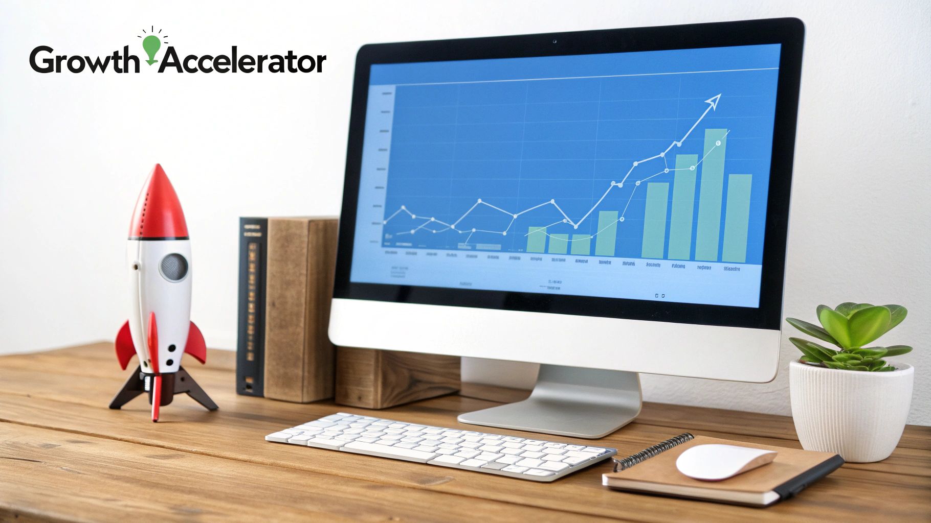 A desk with a computer showing a growth chart, a rocket, and 'Growth Accelerator' logo.