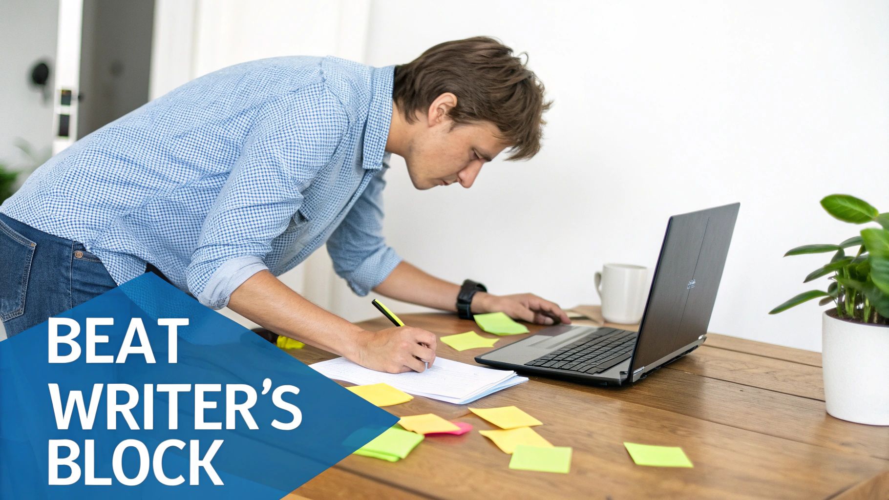 ChatGPT Ad Examples – Beat Writer’s Block with AI Copy Ideas. Man brainstorming ad copy ideas at a desk – ChatGPT Ad Examples to beat writer’s block.