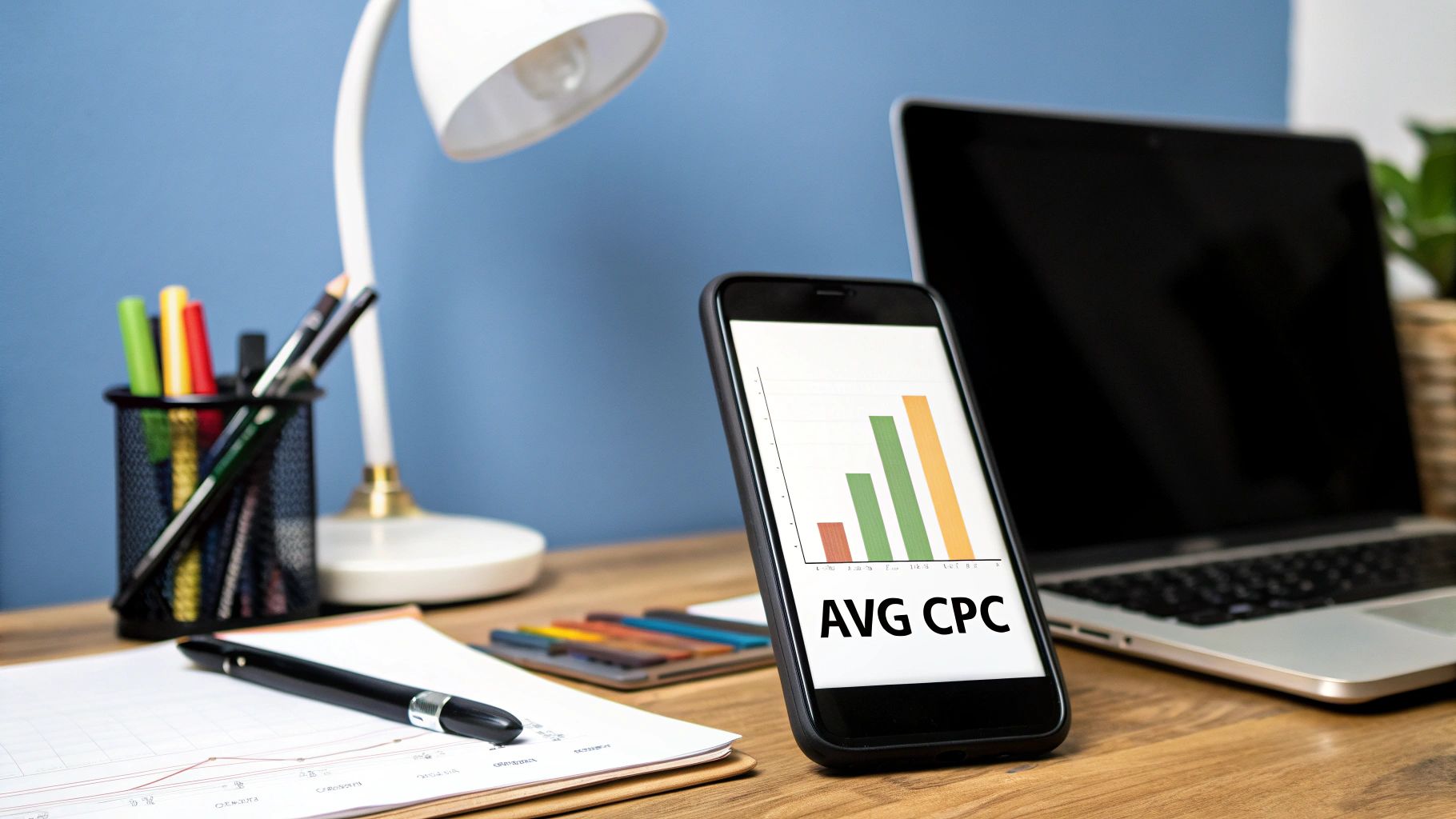 Mobile phone displaying AVG CPC bar chart representing How Much Does Google AdWords Cost