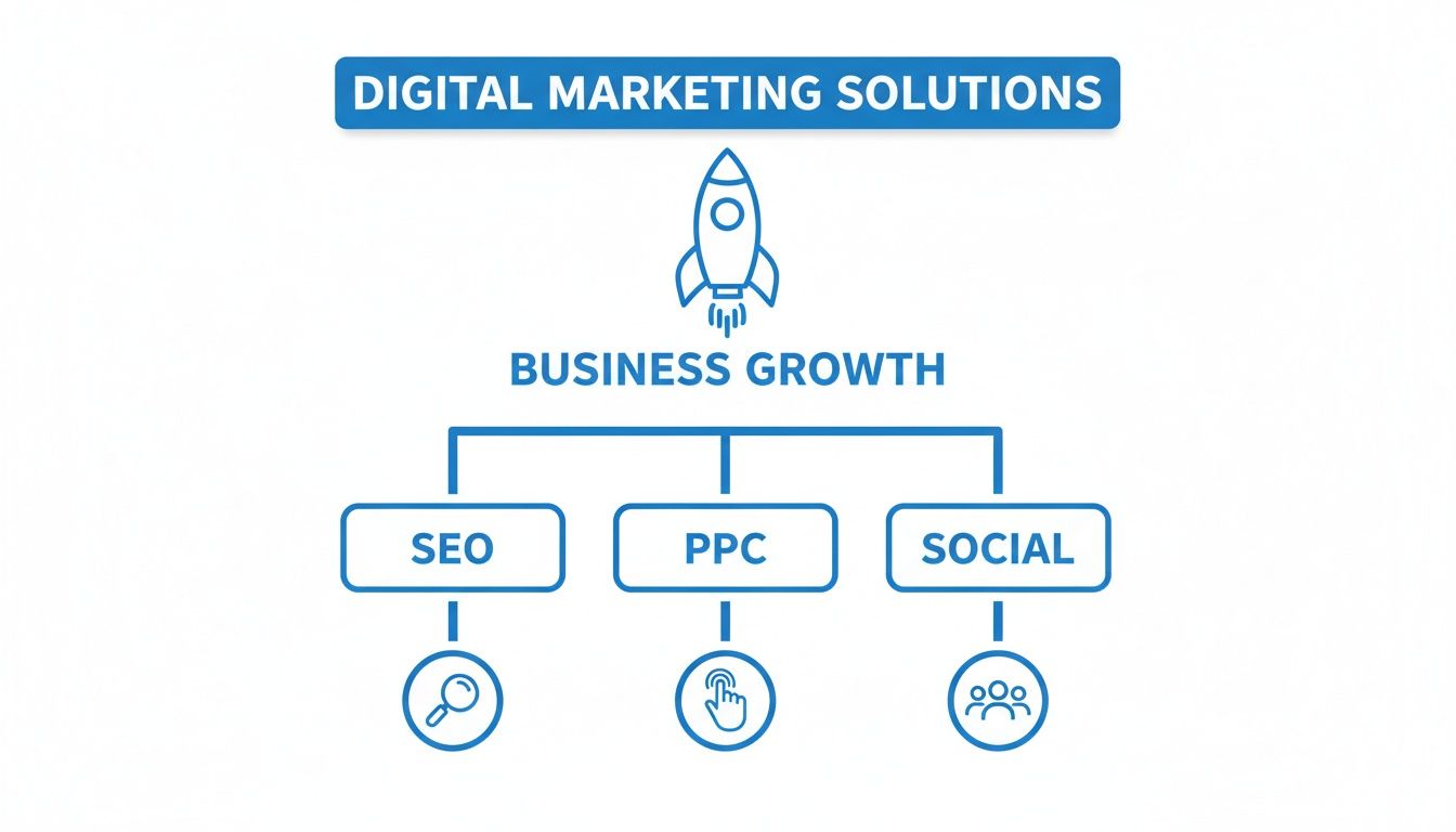 A diagram illustrates digital marketing solutions: SEO, PPC, and social media leading to business growth.