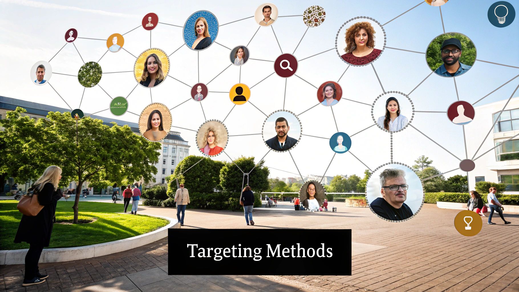 Audience Targeting with Visual Network Mapping Audience Targeting visual with connected user profiles and targeting icons