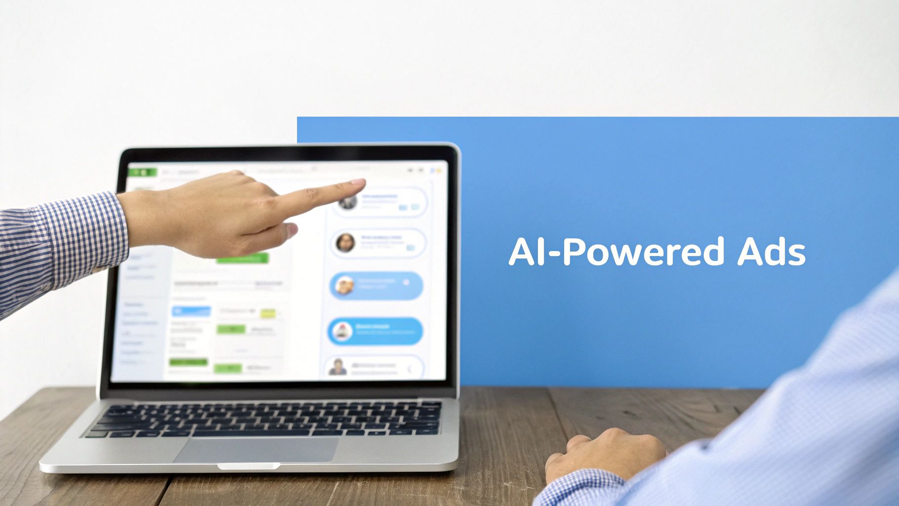 AI-Powered OpenAI Ads Interface Person pointing at a laptop screen showing AI tools for OpenAI Ads
