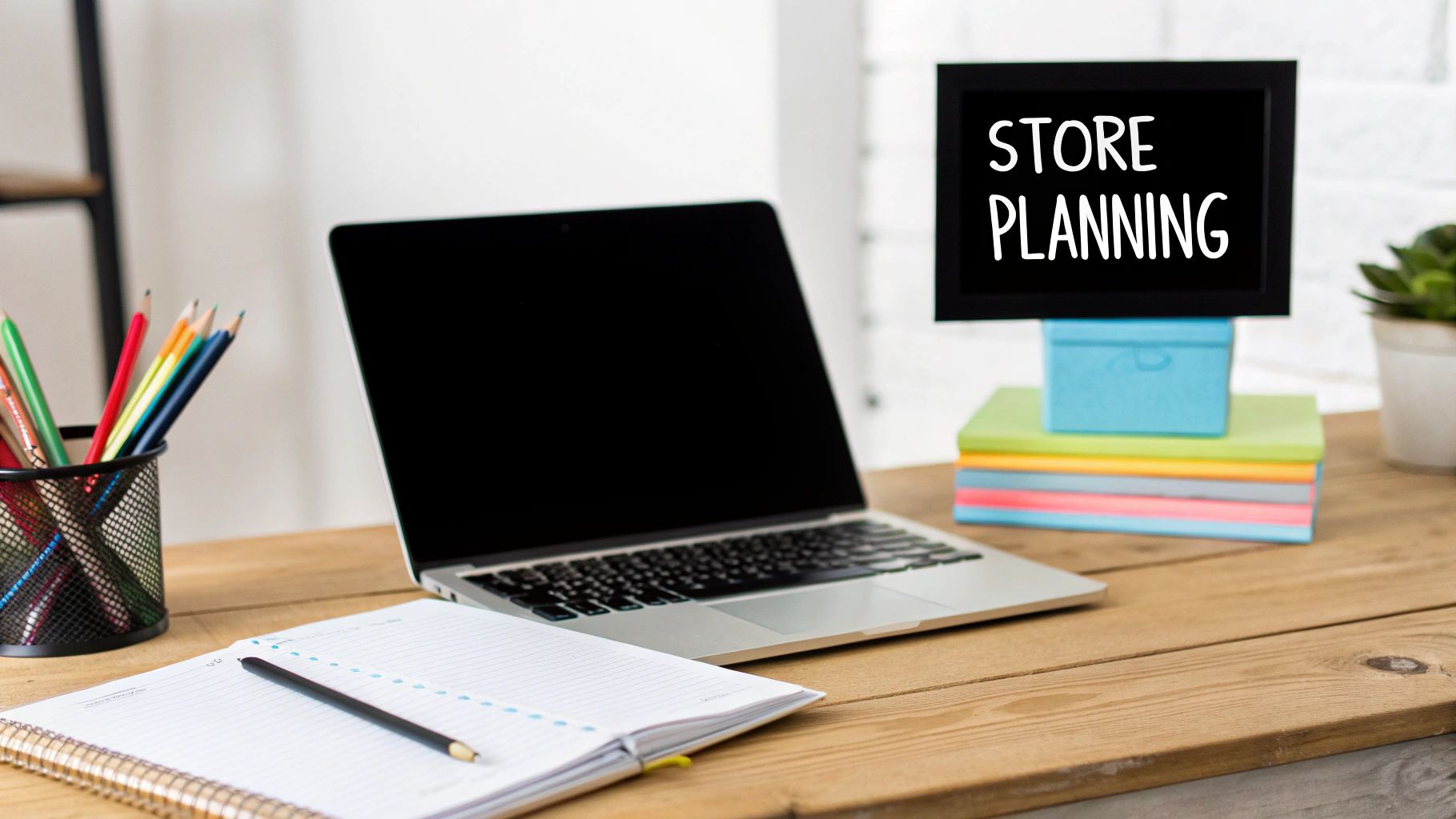 How to Build a Shopify Store – Store Planning Essentials Store planning workspace with laptop, notebook, and pencils – How to Build a Shopify Store