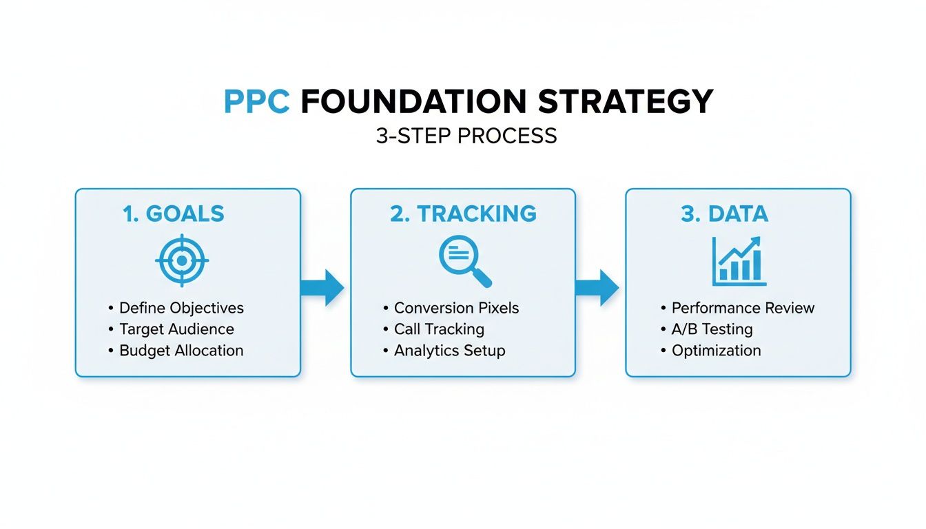 PPC Campaign Optimisation Foundation Strategy PPC Campaign Optimisation foundation strategy showing goals, tracking, and data as a three-step optimisation process